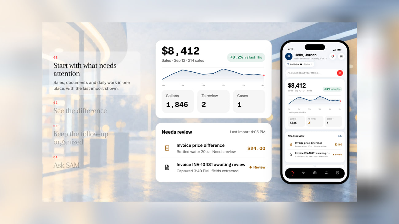 Octivis dashboard and mobile app showing the day's sales, gallons, and items that need review